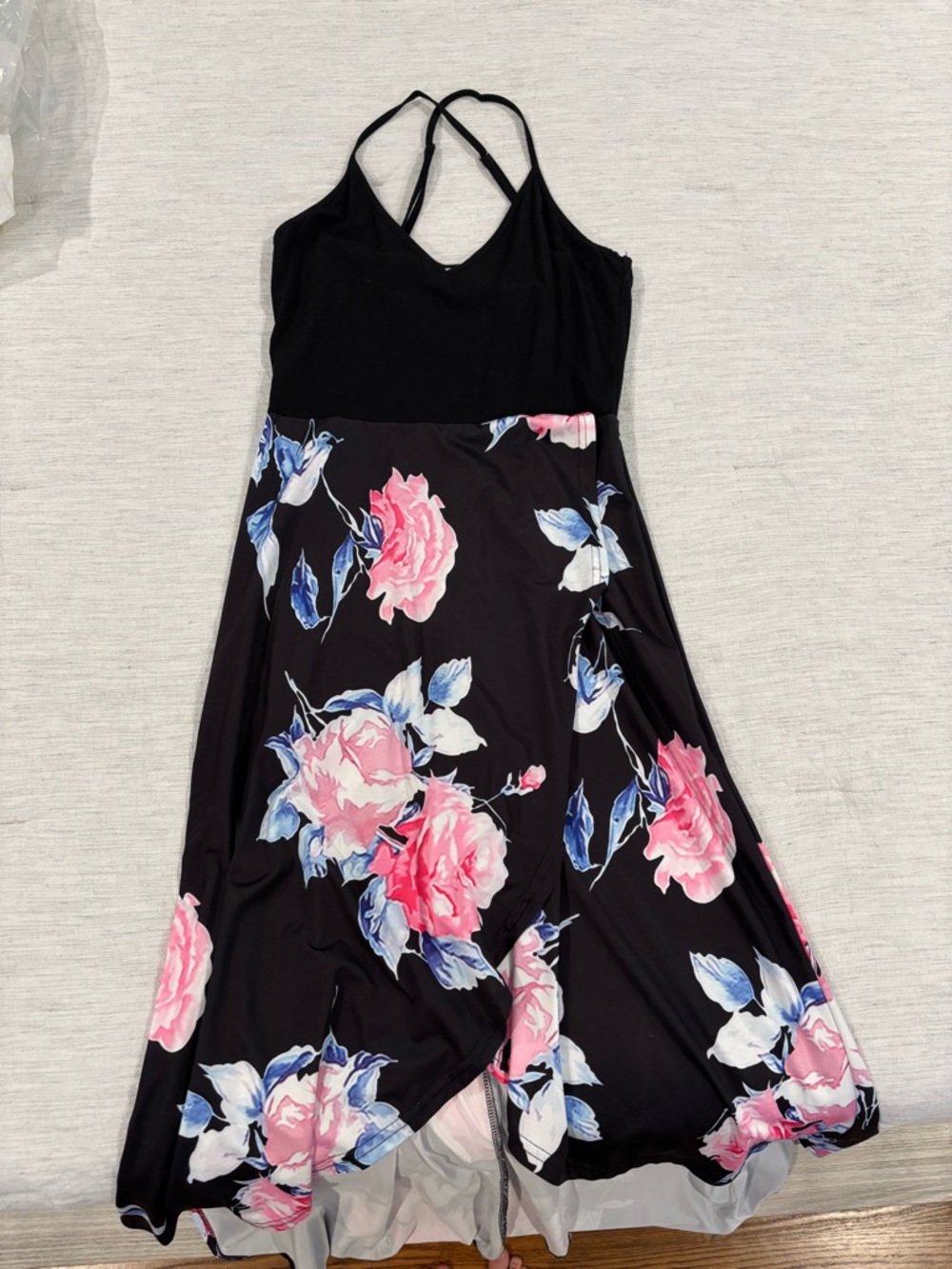 Black & Pink Floral High Low Sundress with Strappy Back